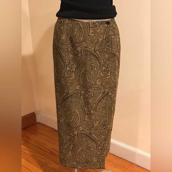 Talbots Maxi Rap Skirt  Tan & Black Brocade Designs Print Vintage SZ 10 - Picture 1 of 10